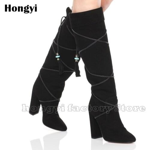 Fashion Beads Winer Black Suede Leather Fringed Block High Heeled Boots Women Pointed Toe knee High Long Boot Chunky Heeled Shoe