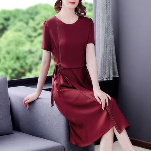 Women Elegant Solid Mulberry Silk Vintage Dress 2021 Summer New Red Satin 5XL Plus Size Midi Dress Casual Bodycon Party Vestidos