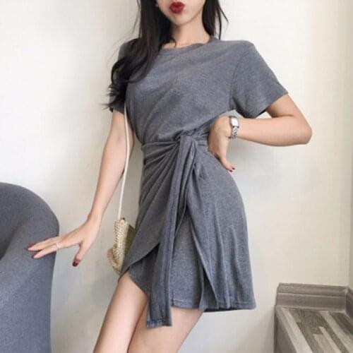 Womens Slim dress solid color O-Neck Short Sleeve Solid Casual Lace Up Asymmetrical Dress temperament ropa mujer wn