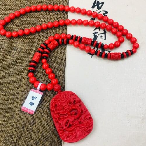 Zheru natural carved ore cinnabar domineering dragon pendant with multicolor bead necklace men and women sweater chain