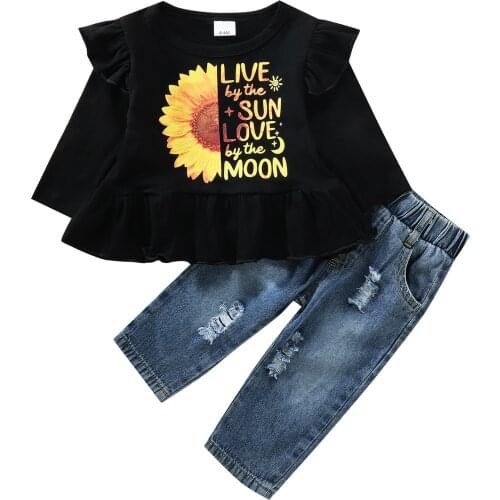 0-24M Fashion Toddler Girls Autumn Clothes Set 2pcs Sunflower Letter Printed Long Sleeve T Shirts Tops Ripped Jeans Pants