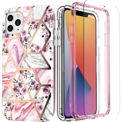 360 Degree Full Body Phone Case for iPhone 11 12 Pro Max X Xr Xs Max 8 7 Plus SE Case Marble Pattern with 2 Pcs Tempered Glass