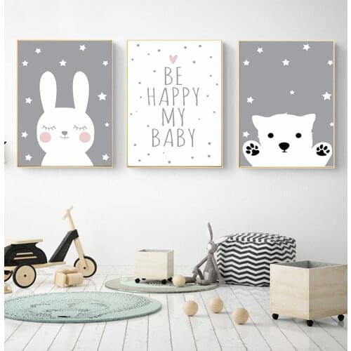 Kids Decoration Picture Children Bedroom Decor Baby Nursery Wall Art Canvas Poster Print Cartoon Rabbit Bear Painting Nordic