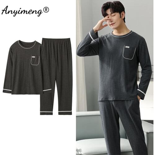 Elegant Men Pajamas Set Autumn Winter Plus Size 2 Piece Sleepwear for Boy Cotton O-Neck Mens Clothing Sets Gentleman Nightwear