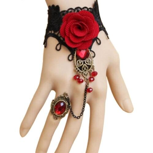 Elegant Women Gothic Style Lace Rose Flower Bracelet with Adjustable Finger Ring Bracelet Lace Flower Gothic Style Wrist Decor