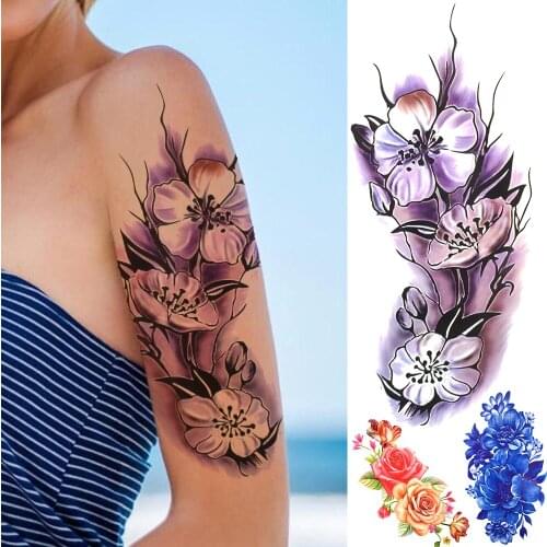 Violet Plum Flower Temporary Tattoos For Women Lady Realistic Rose Anemone Fake Tattoo Sticker Water Transfer Thorns Tatoos