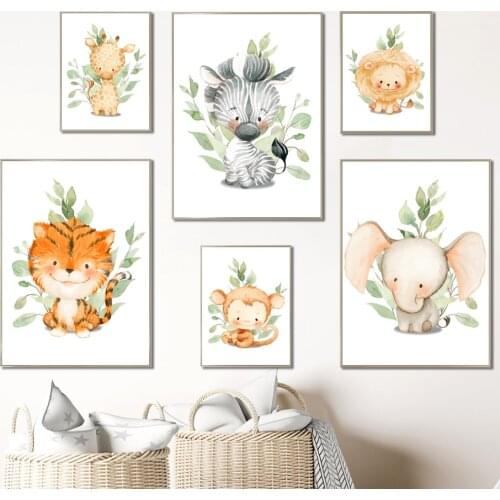 Lion Giraffe Zebra Tiger Monkey Elephant Baby Animal Art Canvas Painting Nordic Posters And Prints Wall Pictures Kids Room Decor