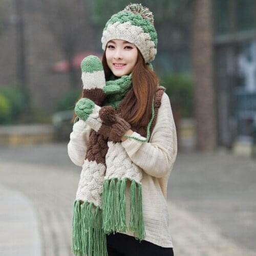 Kagenmo Cap Gloves Scarf Three Set Thick Cotton Knit WomenS Warm Winter Fashion Contrast Color Female Set