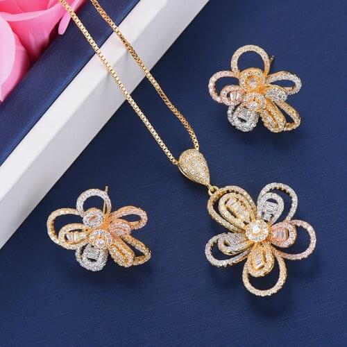 LARRAURI 2019 New Fashion Long Chain Flower Pendant Necklace Stud Earrings For Women Party Wedding Jewelry Sets Accessories