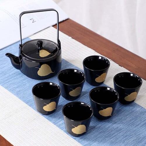 Small handle pot Japanese Kung Fu tea set ceramic set household 1 pot 6 cups simple teapot teacup modern