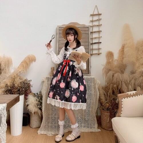 Cute Womens Peach Print Lolita Suspender JSK Dress Sleeveless Spaghetti Strap Dress & White Blouse 4 Colors Sweet Girl