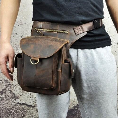 New Men Real Cow Leather Thigh Drop Leg Bag Classic Military Motorcycle Hip Belt Fanny Pack Waist Bags Messenger Bag