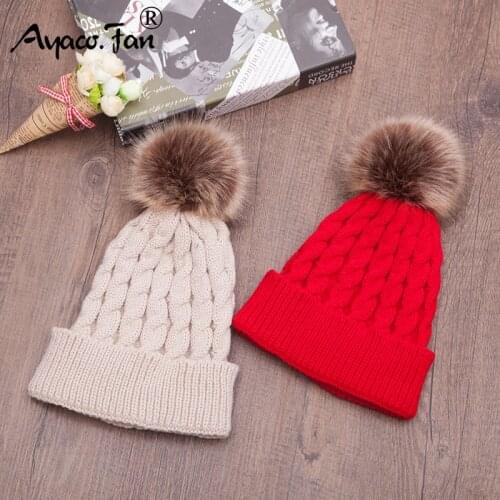 New Warm Winter Caps Hats with Fur Pom Poms for Women Female Girl 's Knit Cap Hat Solid Knitted Beanie Ladies Skullies Beanies