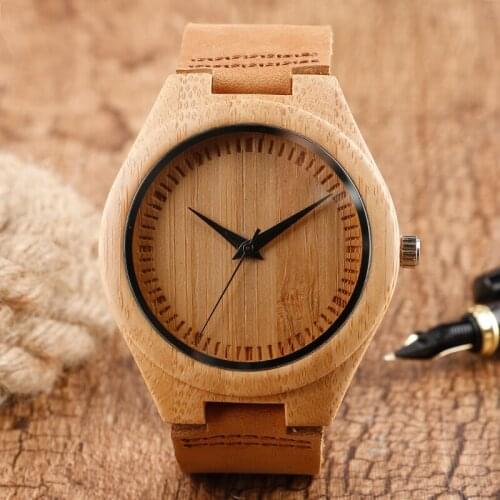Creative Wood Watch 100% Nature Bamboo Wooden Hanmade Wristwatch Mens Analog Simple Quartz Watches With Genuine Leather