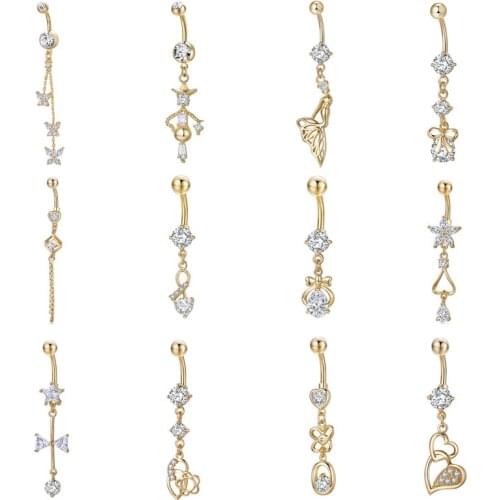 2020 Fashion Elegant Gold Belly Body Jewelry Delicate Tassel Rhinestone Pendant Belly Button Rings Sexy Surgical Steel Piercing