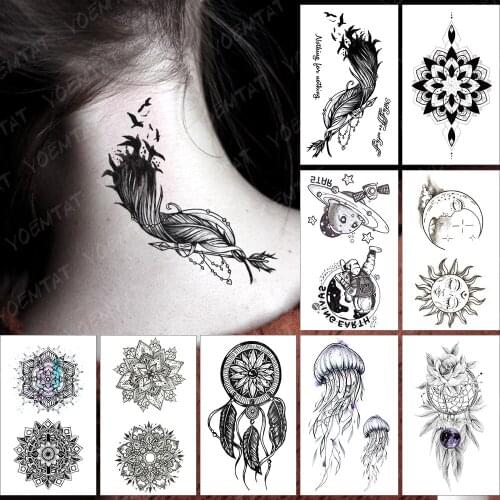 Waterproof Temporary Tattoo Sticker Feather Black Bird Flash Tatoo Henna Mandala Arm Wrist Fake Tatto For Body Art Women Men