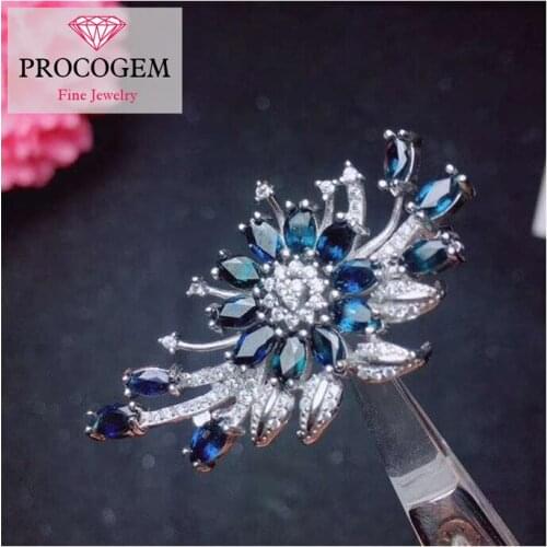 Natural Elegant Flower Sapphire Brooches for women Anniversary Party gifts Genuine gemstone fine Jewelry 925 Sterling Silver 335