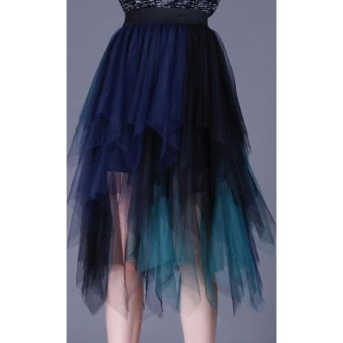 Party train Bohemia Hit Color Stitching Tulle Skirt for Women High Waist Pleated Midi Skirt Woman Party Night Skirts Irregular