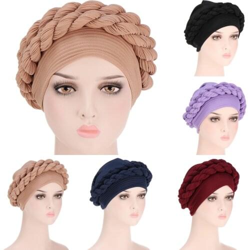 Women Muslim Turban Hat Ladies Messy Crimped Braided Cap Hair Bonnet Head Scarf Wrap Cover Solid Color Lovely Girls Hat