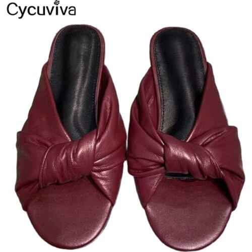 Summer Brand Runway Women Flat Slippers Peep Toe Leather Bowknot Ladies Outwear Beach Vacation Lazy Flat Causal Shoes For Women