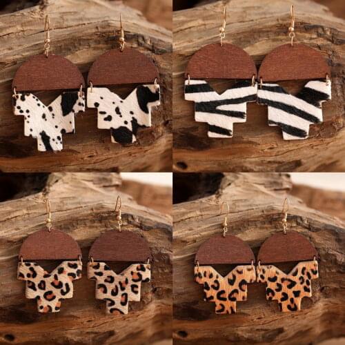 Patchwork Geometric Semicircle Natural Wood Genuine Leather Leopard Cow Earrings for Women Wooden Leather Link Jewelry Wholesale