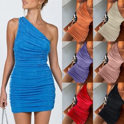 Sexy One Shoulder Mini Dress Summer 2021 Elegant Sleeveless Short Party Dress Women Ruched Bodycon Dress Blue Orange Red
