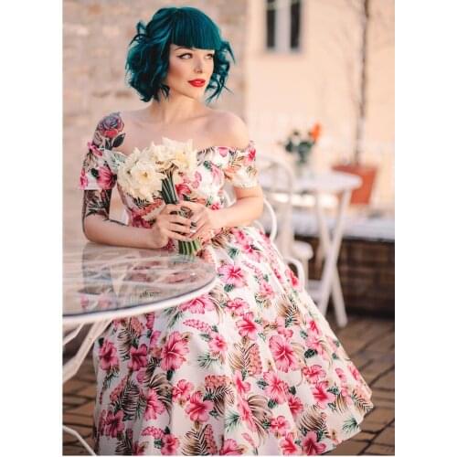 30- summer women vintage 50s hawaiian Tiki circle swing dress in pink plus size dresses rockabilly vestidos pin up jurken