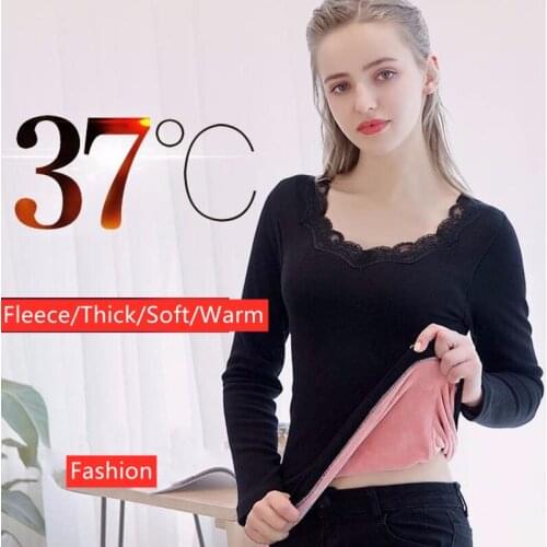 Winter Womens Thermal Underwear Fashion Slim Bodycare Sexy Lace Collar Design Fleece Inside Underwaist Female Warm Pullover Top