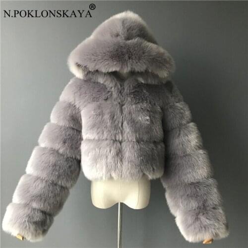 Winter Warm Faux Fox Fur Coats Women Fluffy Fake Fur Cropped Jackets with Hood Outwear Female Artificial Fur Coat High Quality