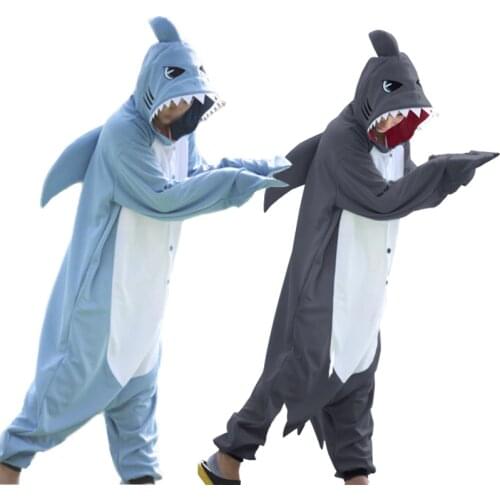 Winter Adults Animal Gray Blue Shark Funny Onesie Pajamas For Women Men Costume Cosplay Unisex Halloween Pajamas Party