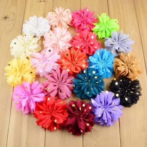100pcs/lot 3" Ruffled Chiffon Flowers With Gold Dots Flat Back Handmade Fabric Flower Use In Girls Headband Garment MH76