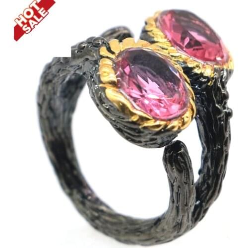 19x17mm Sublime Antique Vintage Created Pink Tourmaline Gift For Ladies Black Gold Silver Rings