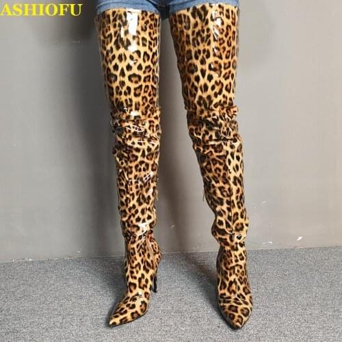 ASHIOFU Hot Ladies Thigh High Boots Patent Leopard Leather Over Knee Boots Party Prom Club Winter Fashion Long Boots Shoes