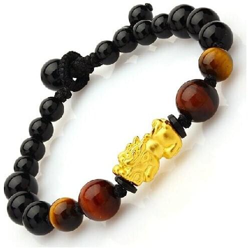 August 999 24k Yellow Gold Dragon Son Black Bracelet