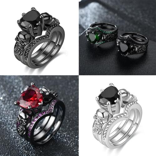 Black Skull Double Finger rings sets Gothic Silver color female Rose Red Heart-shape Crystal ring Jewelry Dropshipping