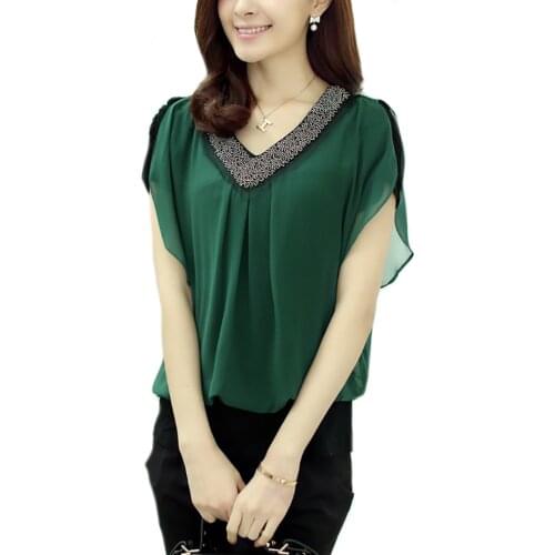 Fashion Women Summer Blouses Casual Short Sleeve V-Neck Diamond Decoration Plus-Size Chiffon Blouses