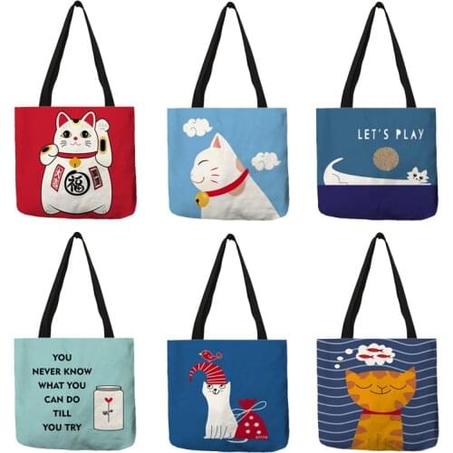 Cartoon Style Shoulder Bag for Girls Smiled Lucky Cat Prints Hand Bags Eco Linen Decoration Reusable Work Travel Tote Bag