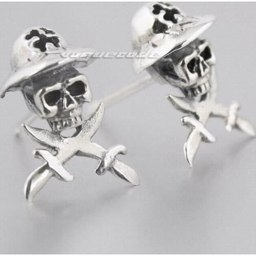 925 Sterling Silver Skull Sword Cross Mens Biker Rocker Stud Earring 8M022