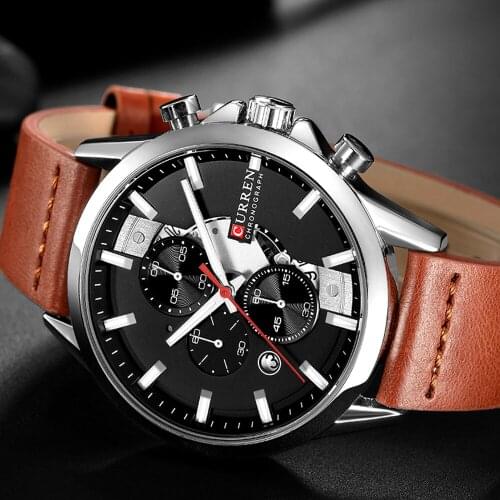 Mens Sports Watch with Chronograph CURREN 2019 Leather Strap Watches Fashion Quartz Wristwatch Business Calendar Clock Male