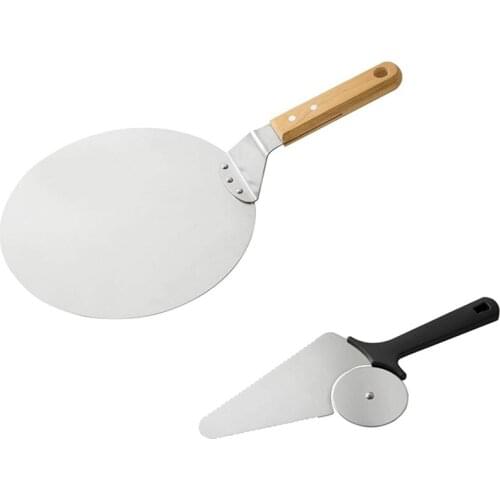 Pizza Peel Pizza Cutter Set 10 Inch Stainless Steel Round Pizza Paddle Board Pan With Wood Handle Kitchen Supply