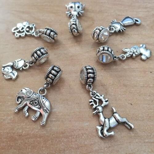 New Mix Different 35pcs Vintage Big Hole Loose Beads European Pendant Fit Charm Bracelet DIY Metal Jewelry Making