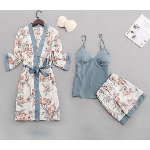 2020 Women Pajama Sets 3Pcs Sexy Lace Pyjamas Femme Girls Satin Silk Sleepwear Suit Elegant Pijama with Chest Pads Home Clothes