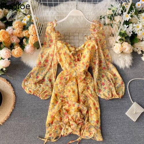 Neploe French Retro Style Floral Chiffon Dresses Women Slim Long Sleeve Ruffles Drawstring High Waist Dresses Short Dress 81127
