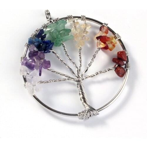 100-Unique Silver Plated Mixed Colorful Crystal Stone Tree of Life Chakra Pendants Reiki Healing Charm Jewelry