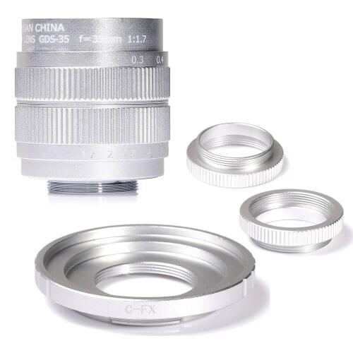 Silver Fujian 35mm f/1.7 APS-C CCTV Lens+adapter ring+2 Macro Ring for Fujifilm X Mount Mirroless Camera XT10/XT20/XT30/X100F