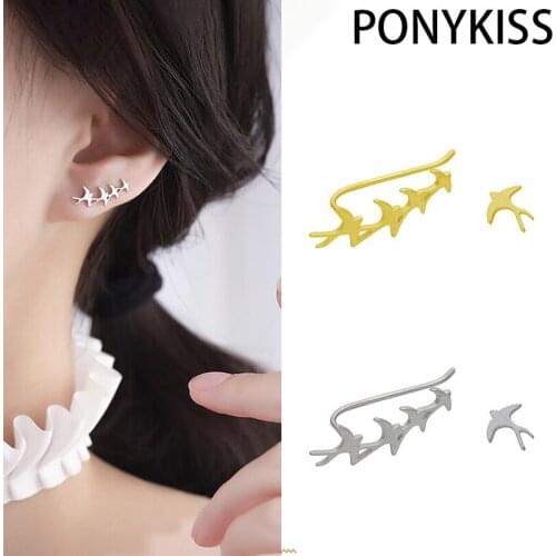 PONYKISS Trendy 925 Sterling Silver Swallow Birds Asymmetry Stud Earrings for Women Party Fine Jewelry Minimlist Accessory