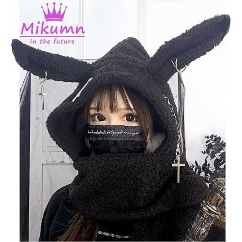 Japanese Harajuku Girls Long Rabbit Ear Hat Gothic Black Cross Chain Lambswool Winter Warm Hooded Scarf Caps Streetwear