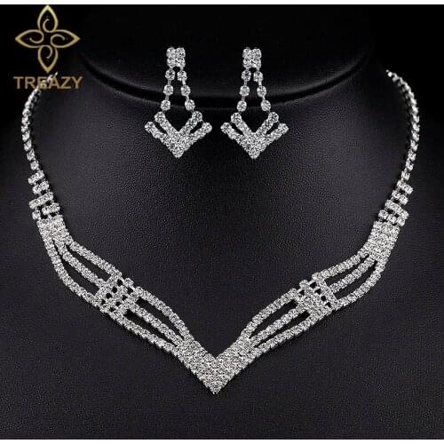 TREAZY Simple Crystal Bridal Jewelry Sets Silver Color Rhinestone Geometric Earrings Necklace Sets for Women Wedding Accessories