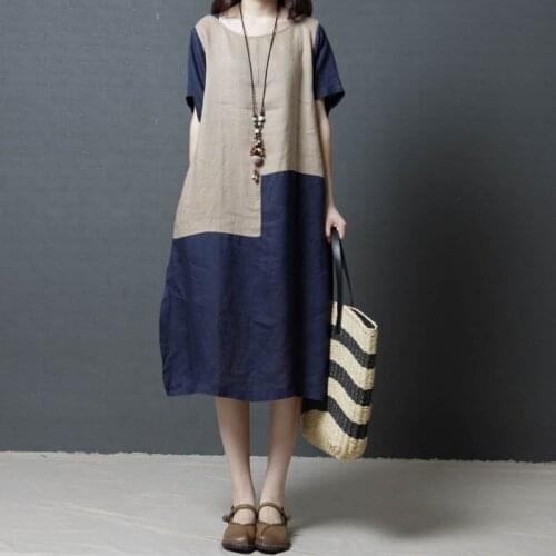Korean Women Plus Size Cotton Linen Shirt Dress Femme Patch Short Sleeves Casual Midi Loose Robe Sundress Dress Kaftan Vestidos