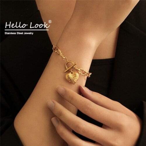 HelloLook Vintage Cuban Chain Bracelet Heart Charm Bracelet for Women Stainless Steel Bracelet Bangle Wedding Party Jewelry